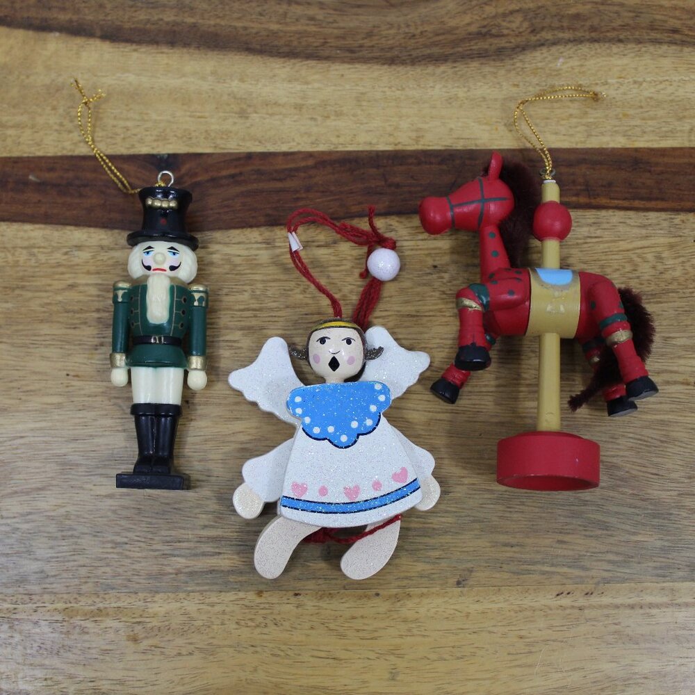 Vintage Wooden Ornaments Mechanical Angel Carousel Horse Nutcracker (3)